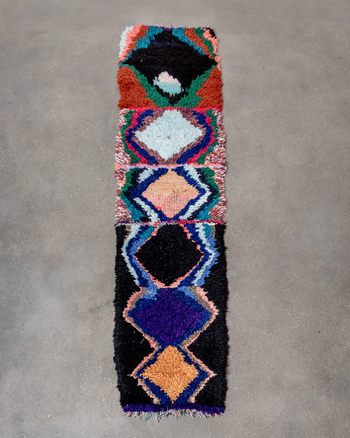 Modern, designer, handcrafted Berber runner rug from Morocco. Vintage carpet with beautiful colours and patterns and fluffy texture.